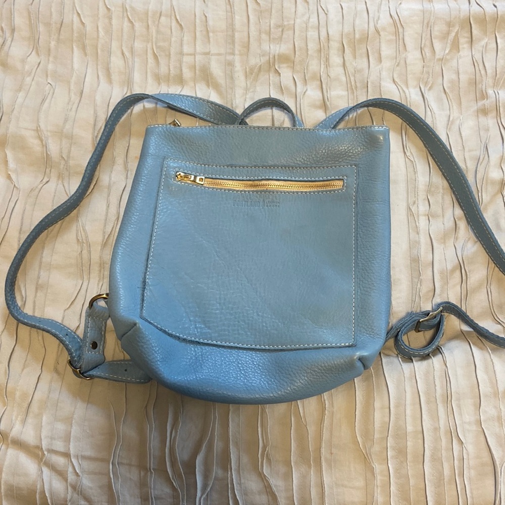Portland leather tote backpack in light blue color